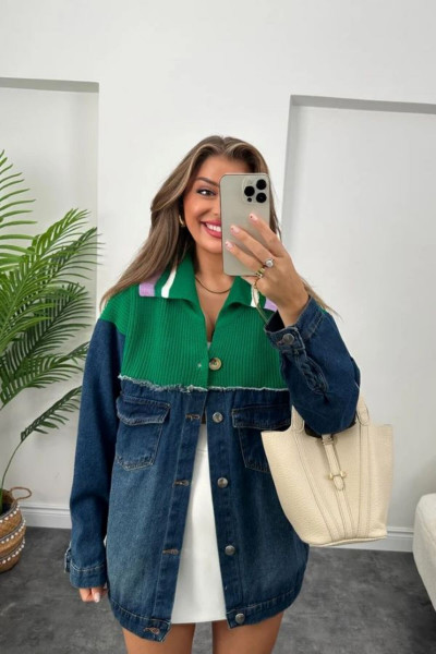 YEŞİL TRİKO JEAN GARNİLİ TASARIM CEKET YEŞİL TRİKO JEAN GARNİLİ TASARIM CEKET