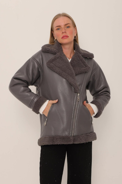 Peluş Detaylı Deri Mont Gri Peluş Detaylı Deri Mont Gri
