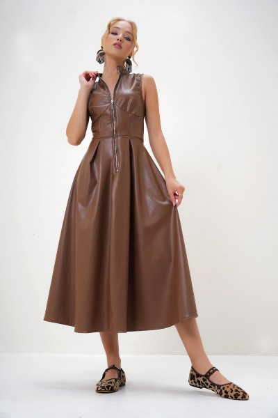 Kadın Taba Dik Yaka Kolsuz Önü Fermuarlı Suni Deri Elbise ALC-X13129