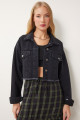 Kadın Siyah Püskül Detaylı Denim Crop Ceket AN00214 Kadın Siyah Püskül Detaylı Denim Crop Ceket AN00214