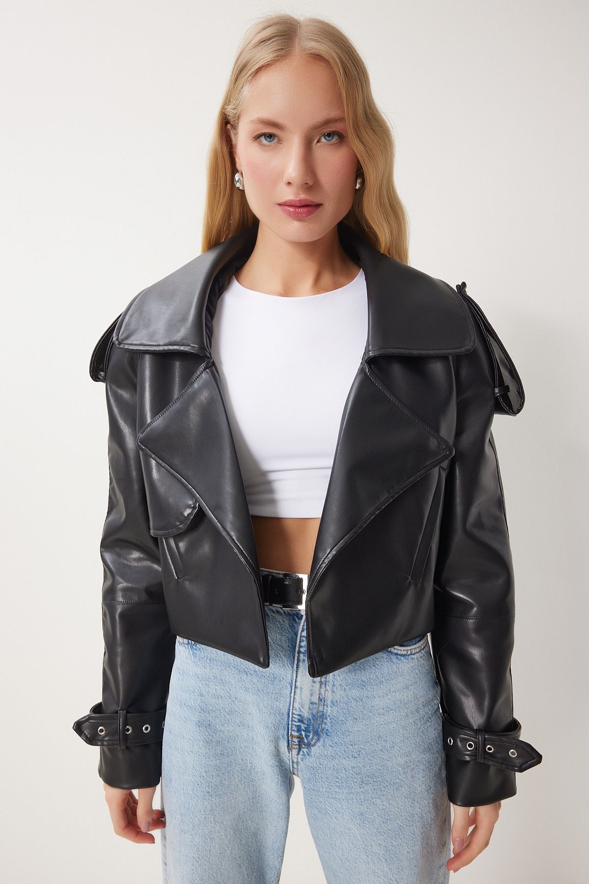 Kadın Siyah Oversize Suni Deri Ceket OH00059 Kadın Siyah Oversize Suni Deri Ceket OH00059