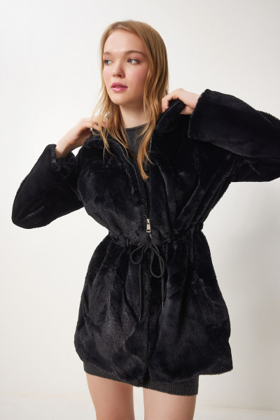 Kadın Siyah Fermuarlı Oversize Kürklü Peluş Kaban RV00149 Kadın Siyah Fermuarlı Oversize Kürklü Peluş Kaban RV00149