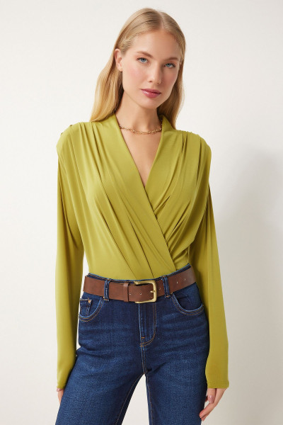 Kadın Yağ Yeşili Anvelop Yaka Vatkalı Çıtçıtlı Sandy Bluz ZH00039