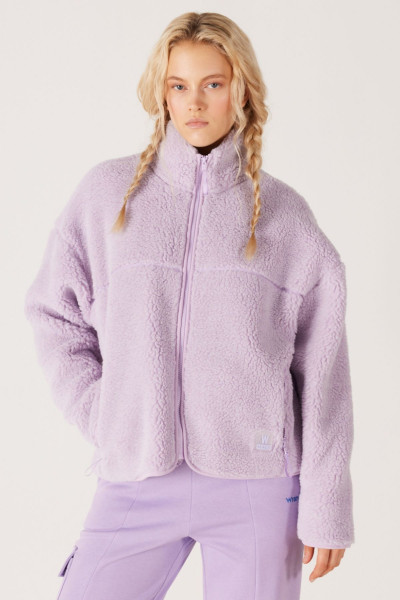 Oversize Bol Kesim Dik Yaka Fermuarlı Suni Yünlü Kadın Lila Sherpa Ceket Oversize Bol Kesim Dik Yaka Fermuarlı Suni Yünlü Kadın Lila Sherpa Ceket