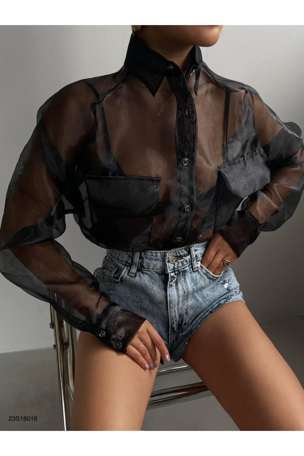 Organze, Tül, Cep Detaylı Gömlek Organze, Tül, Cep Detaylı Gömlek