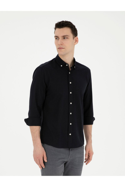 Siyah Slim Fit Keten Görünümlü Uzun Kollu Gömlek 50289393-VR046 Siyah Slim Fit Keten Görünümlü Uzun Kollu Gömlek 50289393-VR046