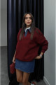 Bordo Yakası Kot Detaylı Şardonlu Sweatshirt