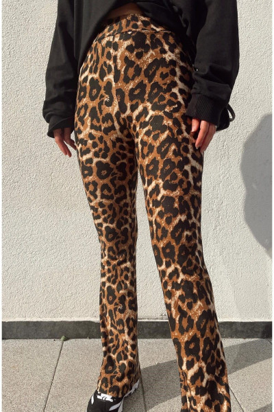 Leopar Desenli Yüksek Bel Likralı Ispanyol Paça Pantolon 100 Cm Leopar Desenli Yüksek Bel Likralı Ispanyol Paça Pantolon 100 Cm
