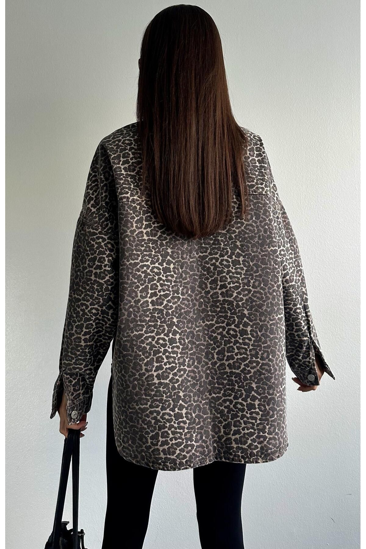Leopar Desen Oversize Ceket KAHVERENGİ Leopar Desen Oversize Ceket KAHVERENGİ