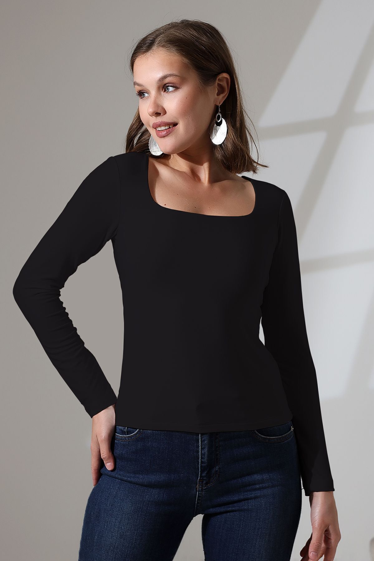 Panj Kadın Siyah Soft Touch Kare Yaka Ön Çift Kat Tulum Esnek Basic Uzun Kol Bluz & Penye & Body Panj Kadın Siyah Soft Touch Kare Yaka Ön Çift Kat Tulum Esnek Basic Uzun Kol Bluz & Penye & Body