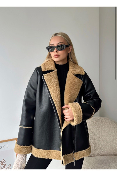 Suni Deri Geniş Yaka Peluş Astar Kadın Kaban-SİYAH ALİEN MODA Suni Deri Geniş Yaka Peluş Astar Kadın Kaban-SİYAH ALİEN MODA