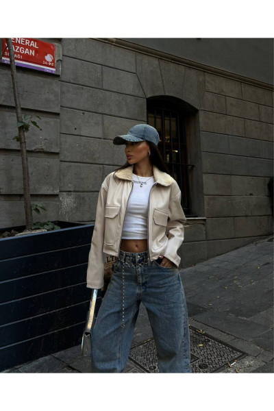 Yaka Peluş Detay Deri Ceket Yaka Peluş Detay Deri Ceket