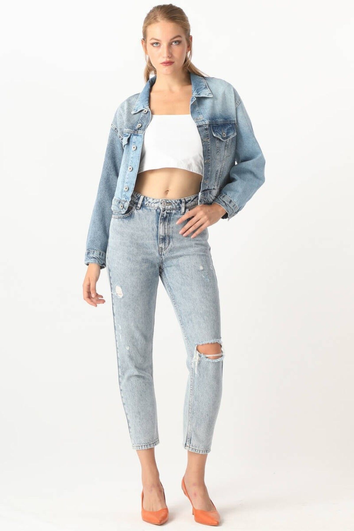 Kadın Renk Bloklu Jean Ceket Mavi Kadın Renk Bloklu Jean Ceket Mavi