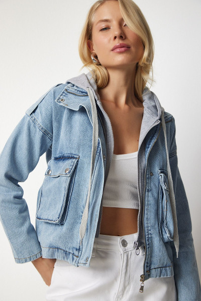 Sweatshirt Detaylı Kapüşonlu Denim Ceket AÇIK MAVİ LRV0082 Sweatshirt Detaylı Kapüşonlu Denim Ceket AÇIK MAVİ LRV0082