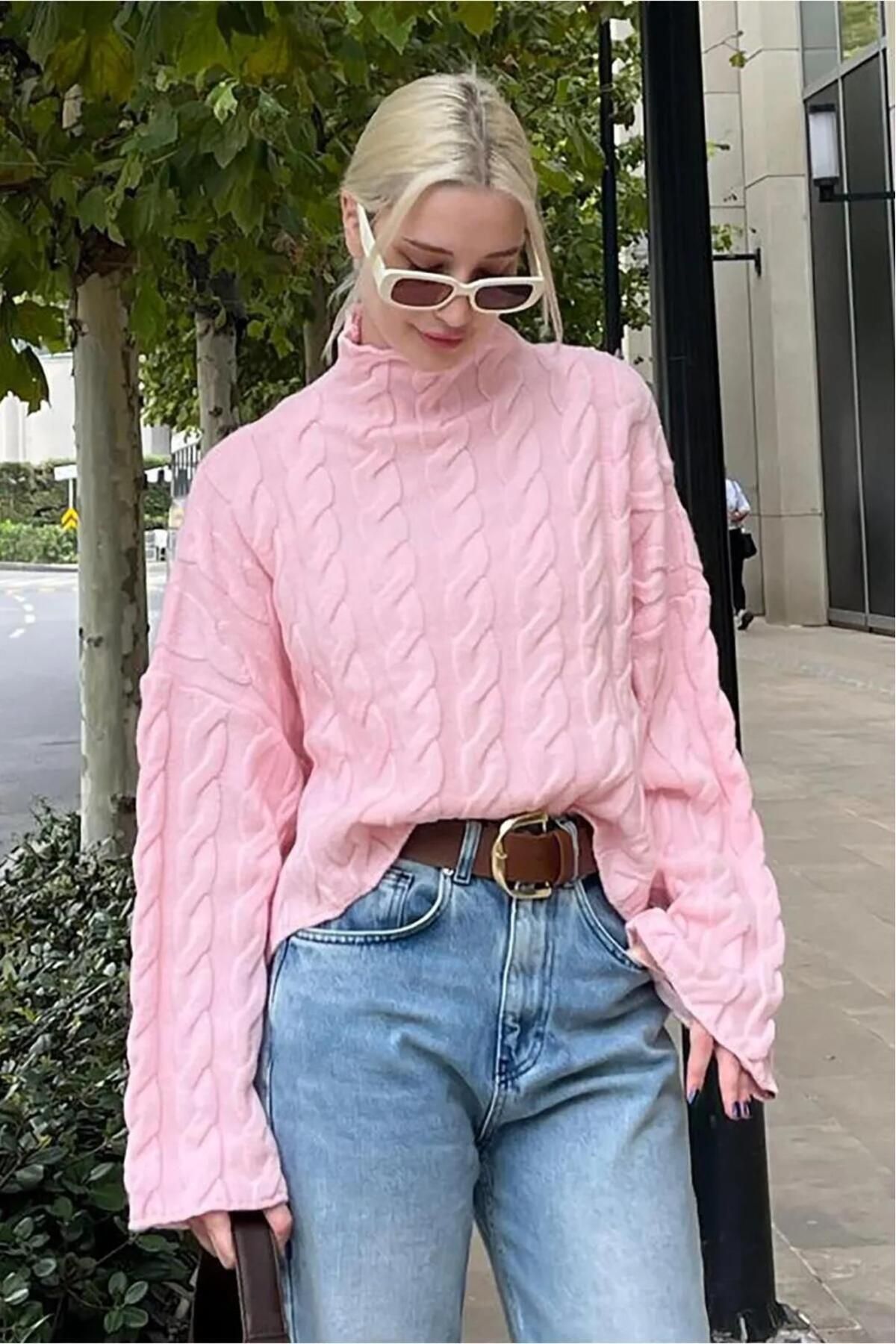Pembe Balıkçı Yaka Örme Triko Kazak Pembe Balıkçı Yaka Örme Triko Kazak