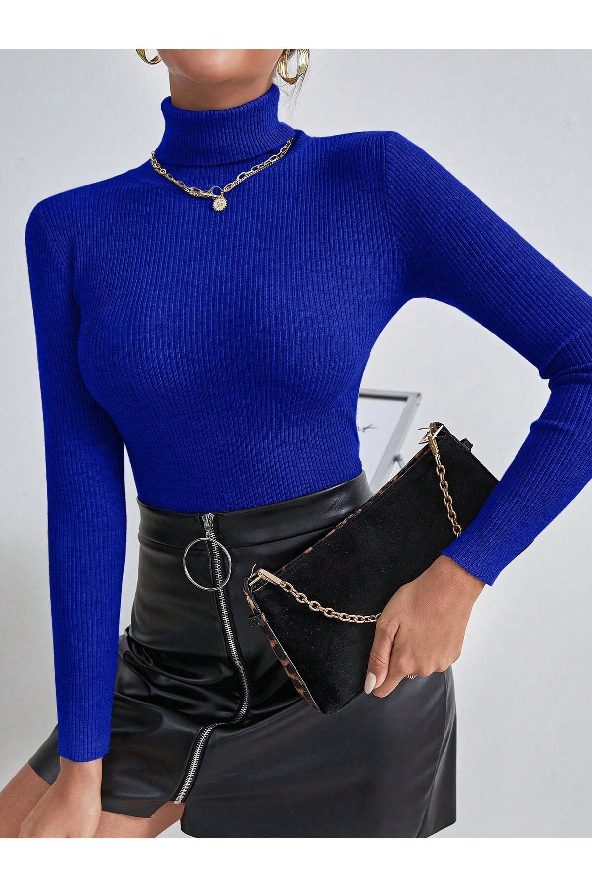Unisex Saks Mavi Pamuklu Balıkçı Yaka Kaşkorse Şardonlu Slimfit Boğazlı Kazak Unisex Saks Mavi Pamuklu Balıkçı Yaka Kaşkorse Şardonlu Slimfit Boğazlı Kazak