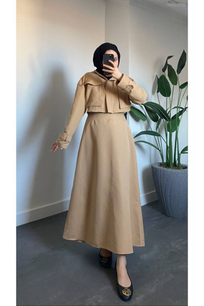 Tesettür Trenç Alt - Üst Camel Takım Tesettür Trenç Alt - Üst Camel Takım