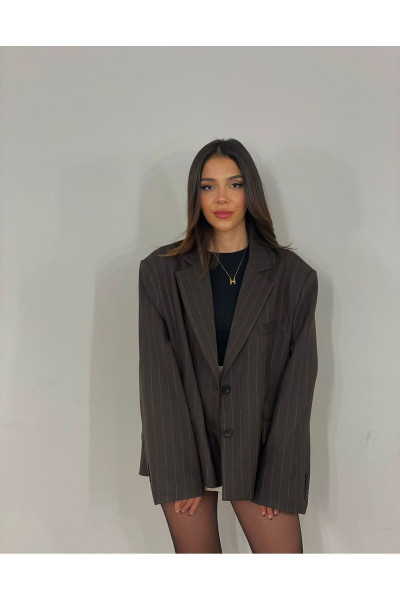Saja Rsln Premium Çizgili Kahverengi Oversize Blazer Ceket Saja Rsln Premium Çizgili Kahverengi Oversize Blazer Ceket