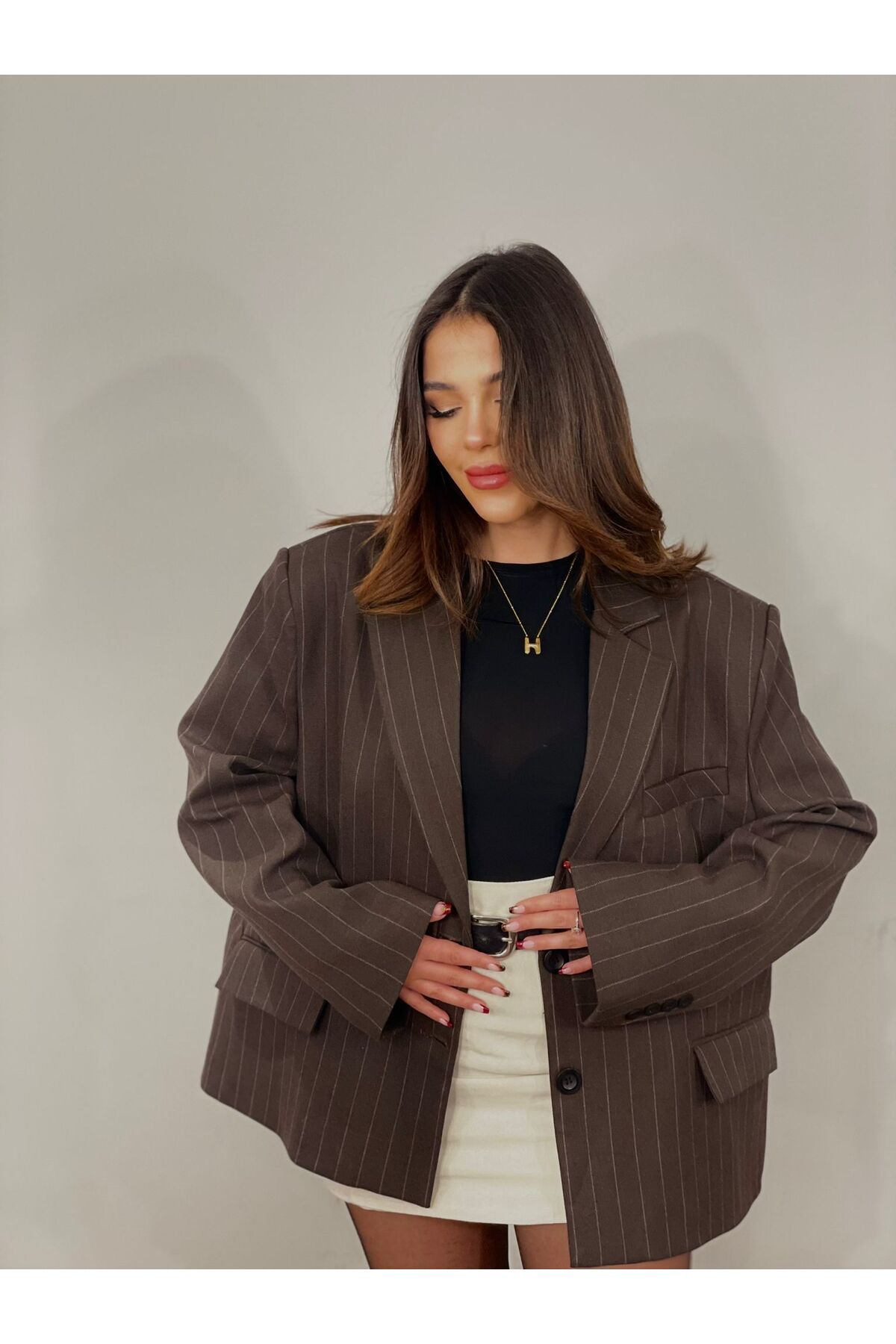 Saja Rsln Premium Çizgili Kahverengi Oversize Blazer Ceket Saja Rsln Premium Çizgili Kahverengi Oversize Blazer Ceket