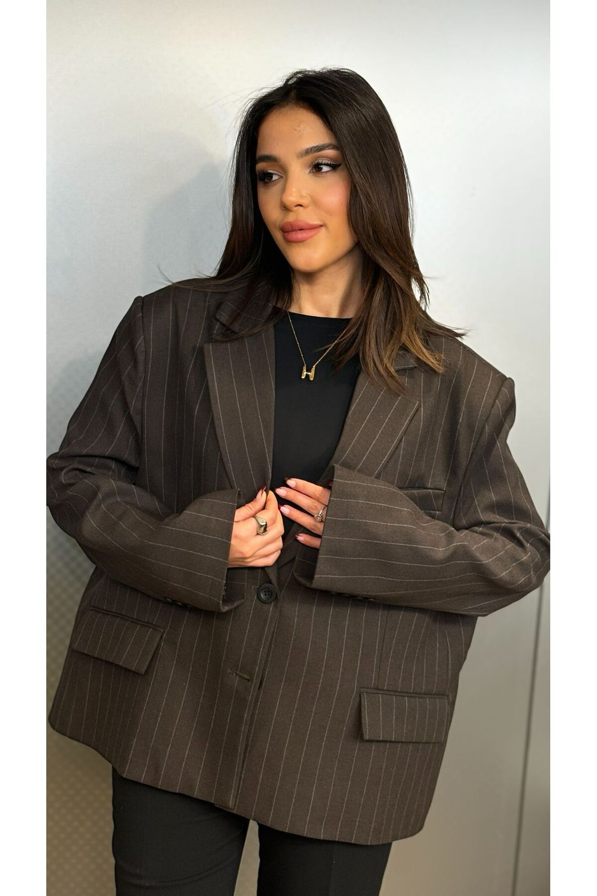 Saja Rsln Premium Çizgili Kahverengi Oversize Blazer Ceket Saja Rsln Premium Çizgili Kahverengi Oversize Blazer Ceket