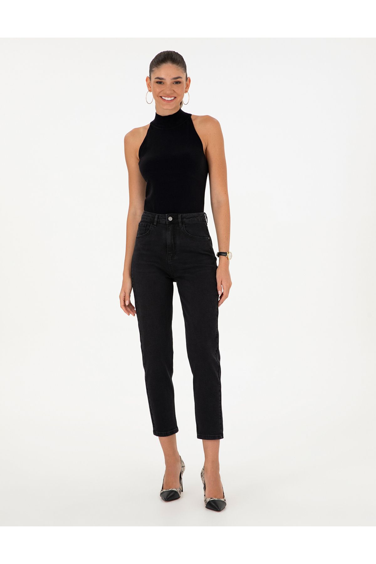 Siyah Mom Fit Jean Pantolon 50294340-VR046 Siyah Mom Fit Jean Pantolon 50294340-VR046