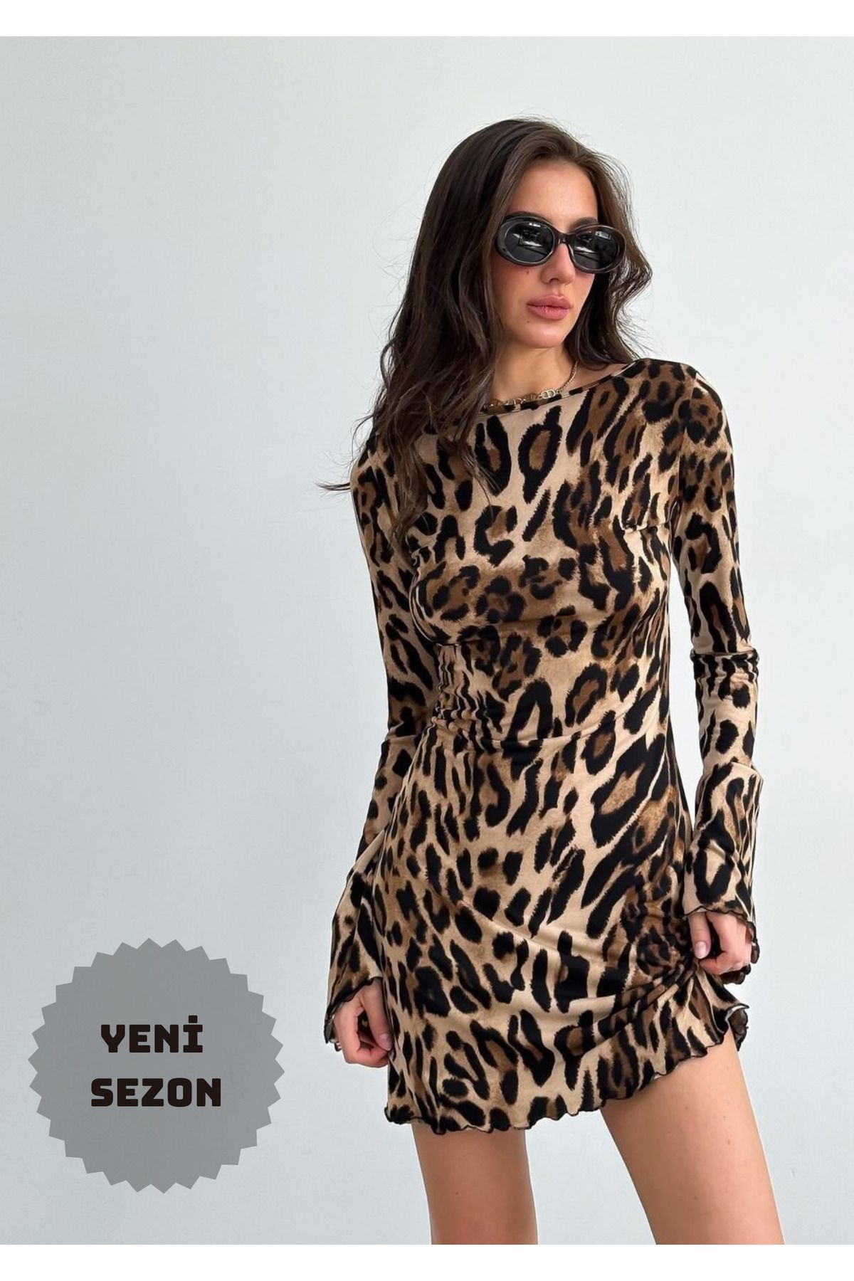 Yeni Sezon Kadın Uzun Kollu Leopar Desenli Mini Elbise Yeni Sezon Kadın Uzun Kollu Leopar Desenli Mini Elbise