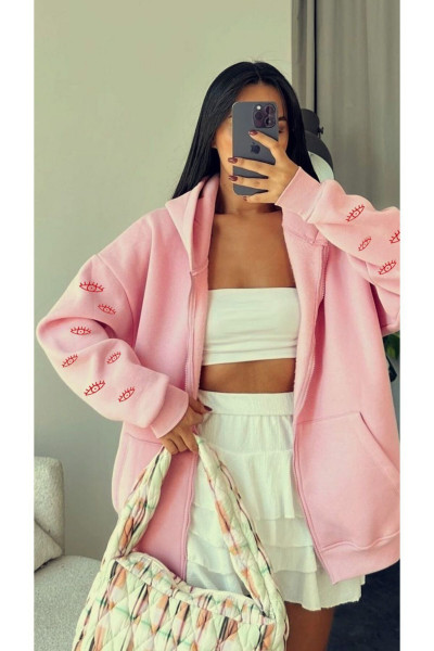 Kadın Pembe Kapşonlu Göz Baskılı Kanguru Cepli Sweat Hırka 3 Iplik Kalın Kadın Pembe Kapşonlu Göz Baskılı Kanguru Cepli Sweat Hırka 3 Iplik Kalın