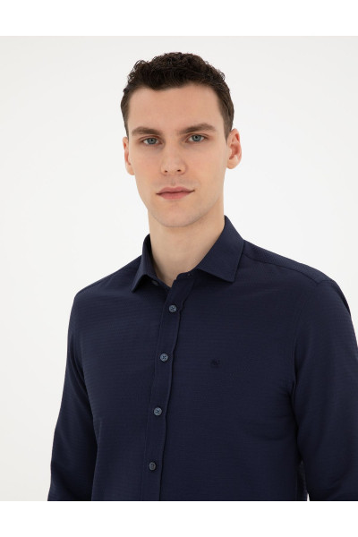 Lacivert Slim Fit Armürlü Uzun Kollu Gömlek 50289416-VR033 Lacivert Slim Fit Armürlü Uzun Kollu Gömlek 50289416-VR033