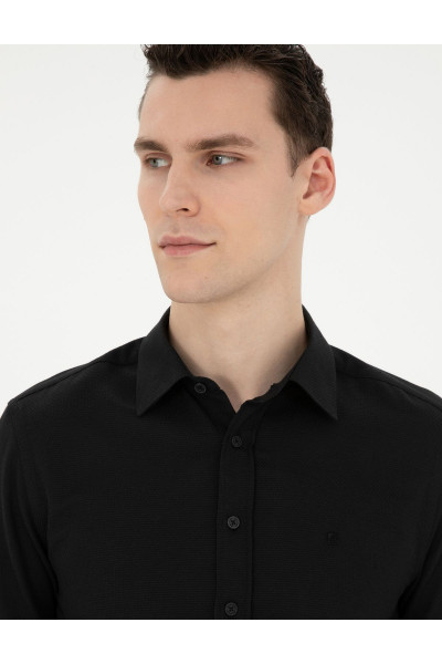 Siyah Slim Fit Armürlü Uzun Kollu Gömlek 50289391-VR046 Siyah Slim Fit Armürlü Uzun Kollu Gömlek 50289391-VR046