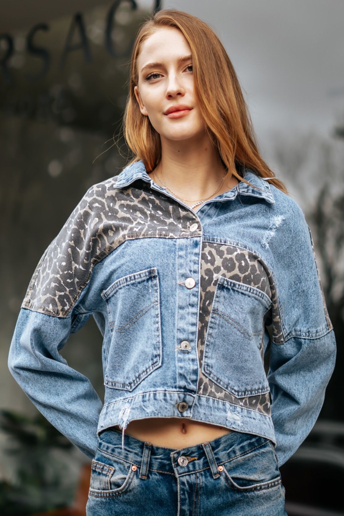 Kadın Mavi Leopar Jean Ceket.  Crop Leopar desen Ceket