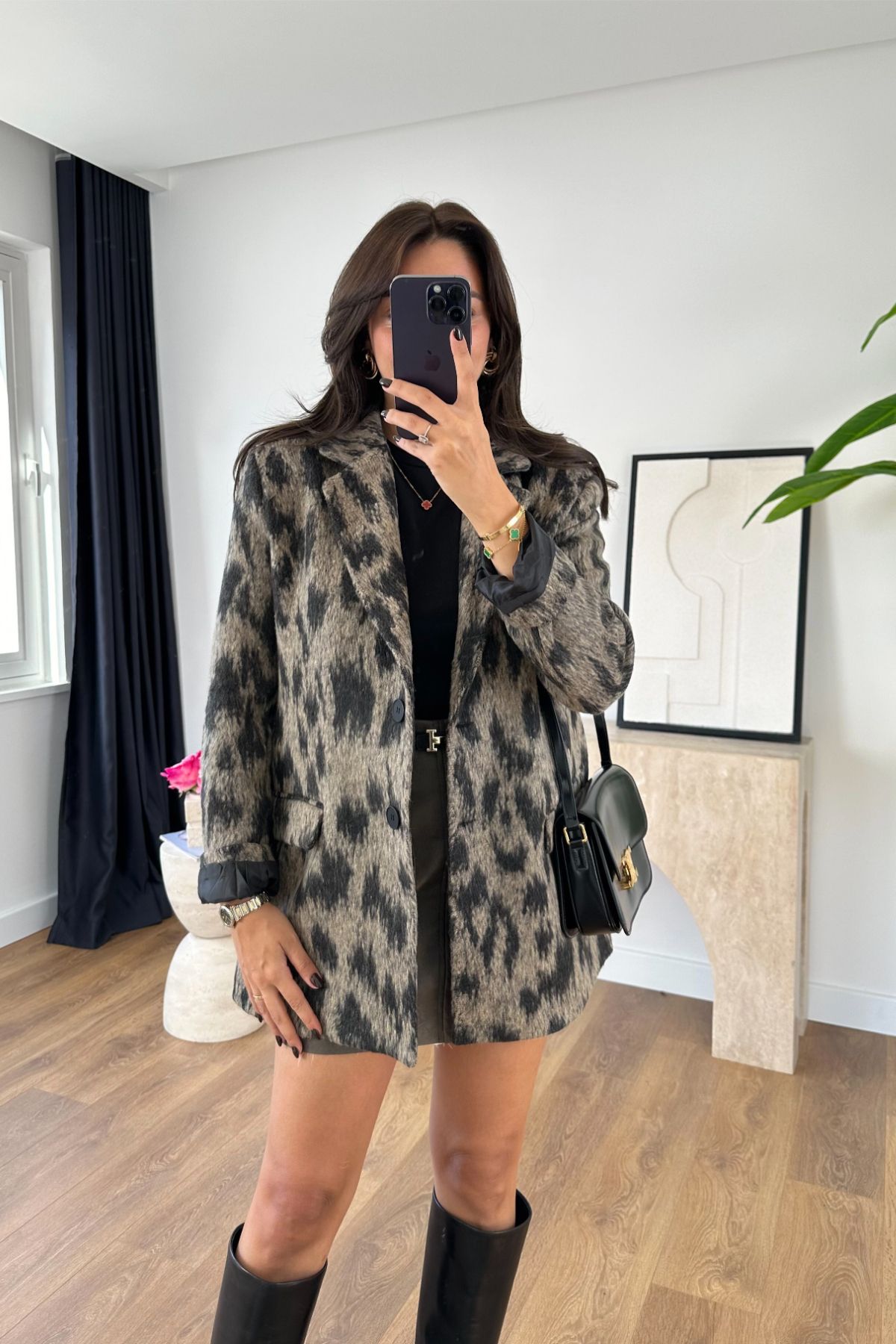 Venso Kahve Siyah Leopar Desenli Blazer