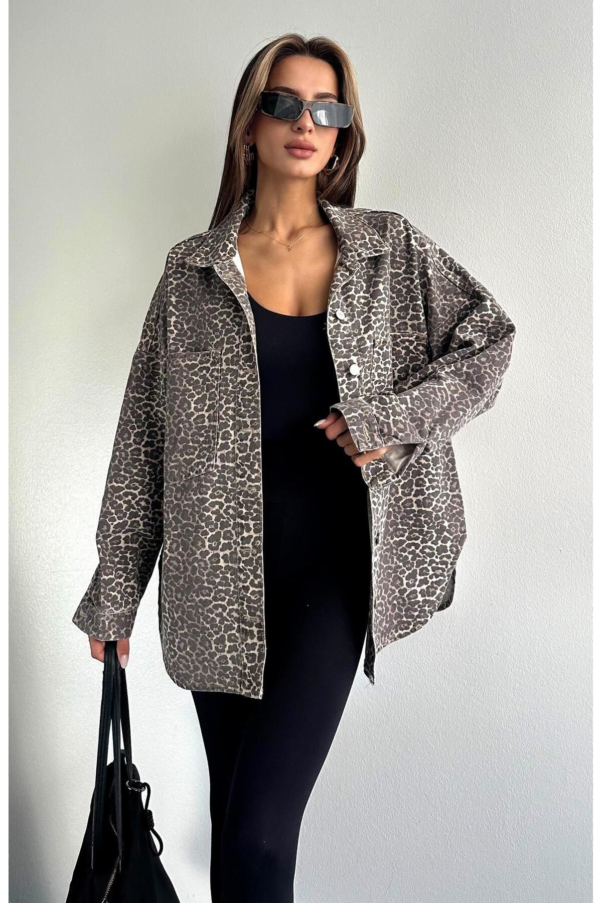 Leopar Desen Oversize Ceket KAHVERENGİ