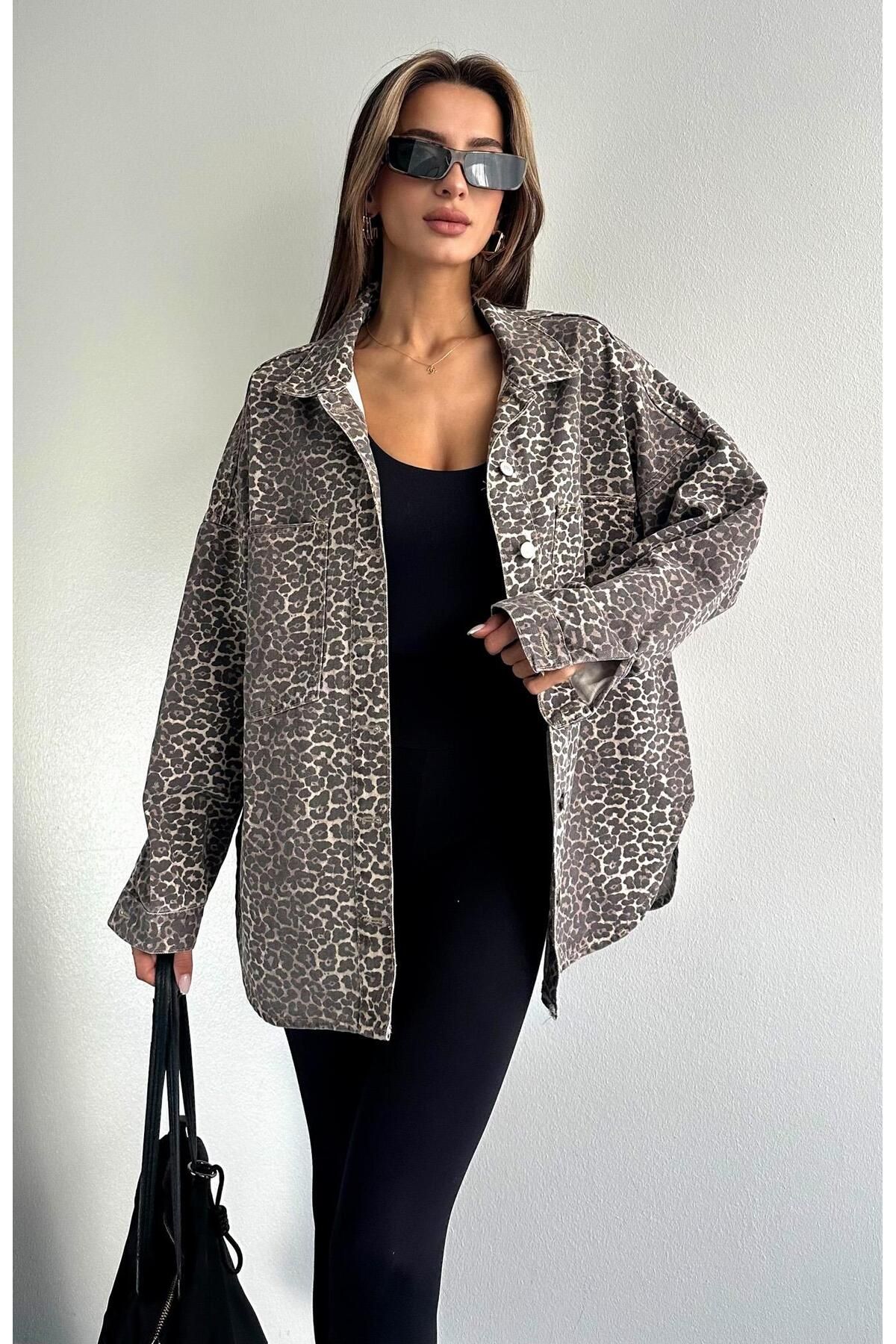 Leopar Desen Oversize Ceket KAHVERENGİ Leopar Desen Oversize Ceket KAHVERENGİ