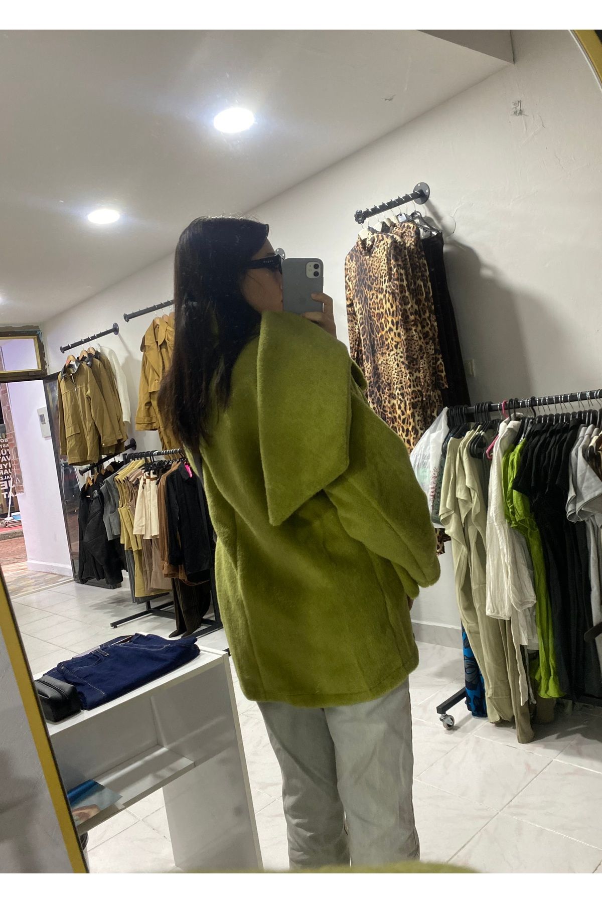 Yağ Yeşili Atkılı Oversize Kaban