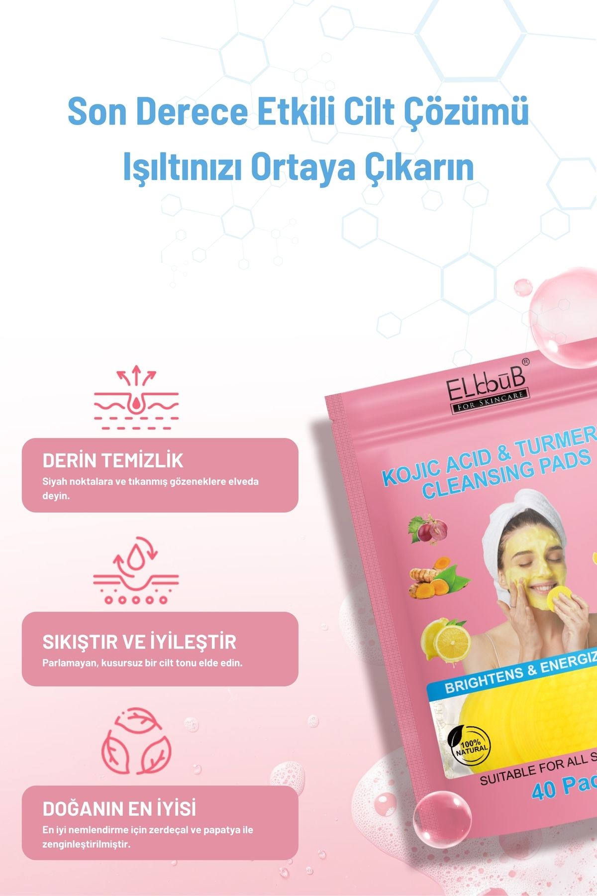 Leke Karşıtı Kojik Asit Zerdeçal Yüz Temizleme Pedi Derinlemesine Temizlik Tüm Ciltlere Uygun 40Adet