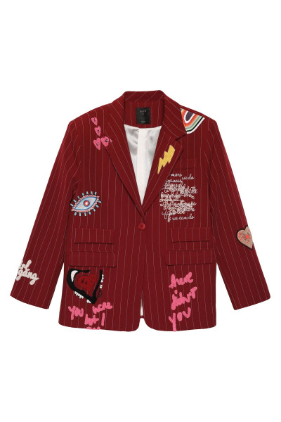 Renkli Nakış Detaylı Blazer Ceket Bordo Renkli Nakış Detaylı Blazer Ceket Bordo