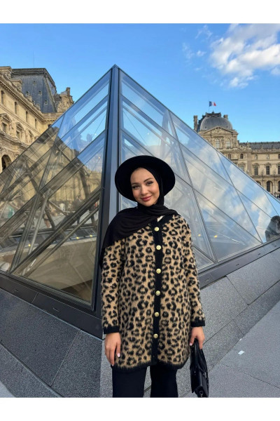 Leopar Triko Hırka Kadın Bisiklet Yaka Leopar Desenli Kahverengi Yünlü Hırka Leopar Triko Hırka Kadın Bisiklet Yaka Leopar Desenli Kahverengi Yünlü Hırka