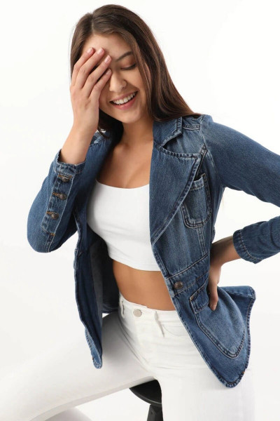 Kadın Uzun Kollu Tek Düğmeli Jean Ceket Mavi Kadın Uzun Kollu Tek Düğmeli Jean Ceket Mavi