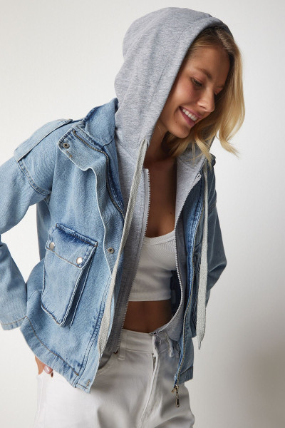 Sweatshirt Detaylı Kapüşonlu Denim Ceket AÇIK MAVİ LRV0082 Sweatshirt Detaylı Kapüşonlu Denim Ceket AÇIK MAVİ LRV0082