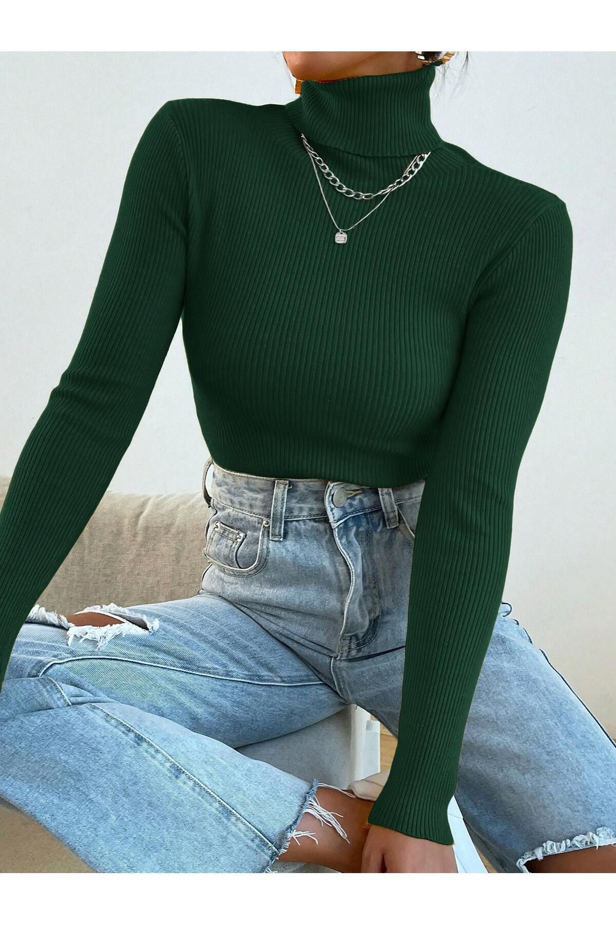 Unisex Haki Yeşil Pamuklu Balıkçı Yaka Şardonlu Slimfit Boğazlı Kazak Unisex Haki Yeşil Pamuklu Balıkçı Yaka Şardonlu Slimfit Boğazlı Kazak