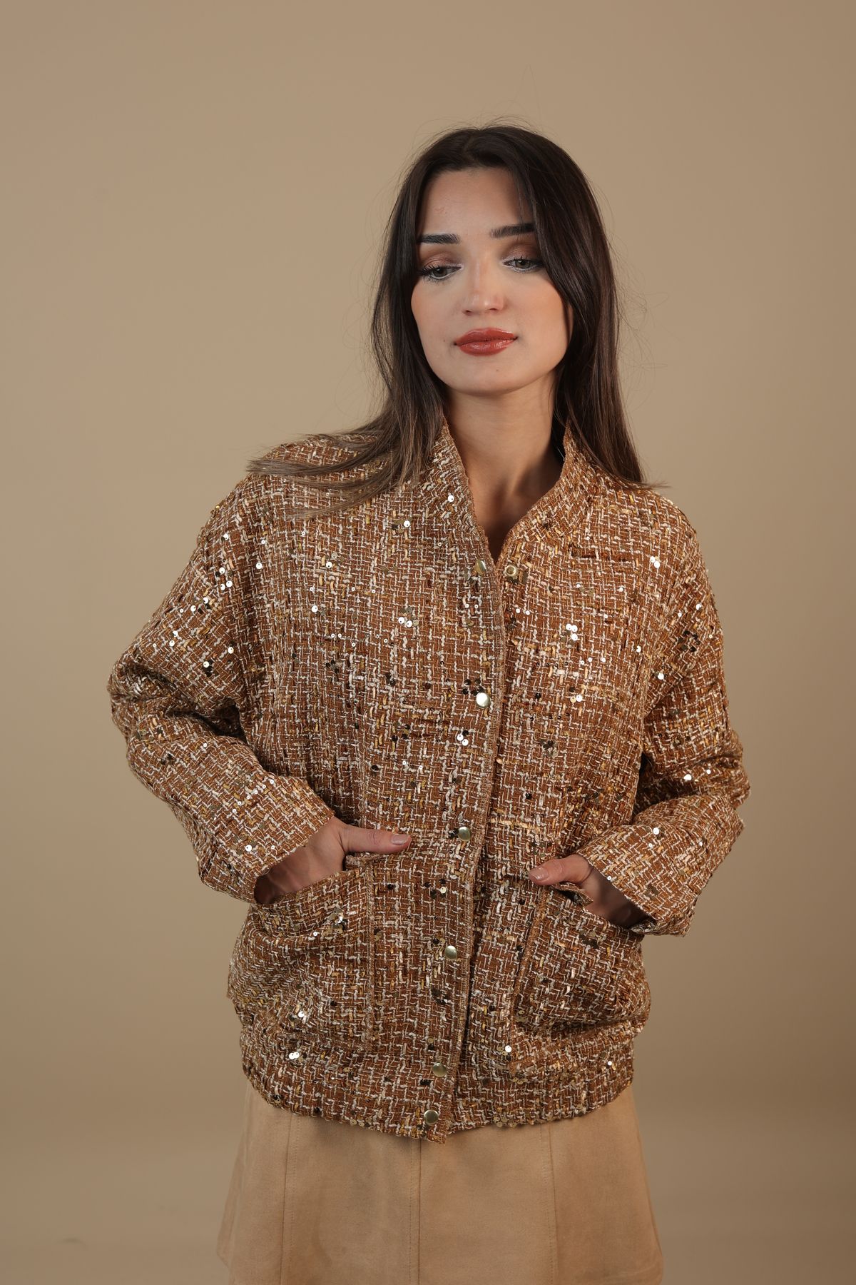 Pullu Kahve Gold Ceket Mont Pullu Kahve Gold Ceket Mont