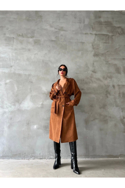 Oversize Dökümlü Süet Trençkot Oversize Dökümlü Süet Trençkot