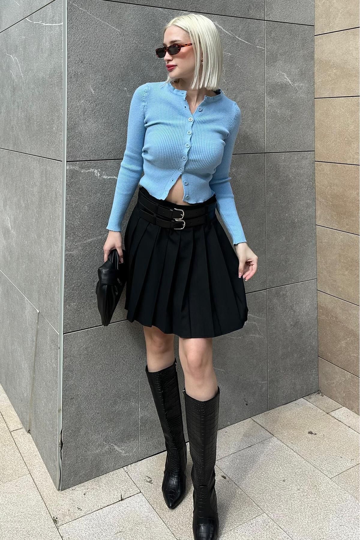 Siyah Pileli İki Kemerli Kadın Etek MG2246 Siyah Pileli İki Kemerli Kadın Etek MG2246