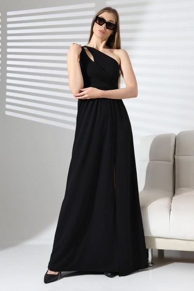 Siyah Ithal Krep Kumaş Tek Omuz Uzun Yandan Yırtmaçlı Elbise Siyah Ithal Krep Kumaş Tek Omuz Uzun Yandan Yırtmaçlı Elbise