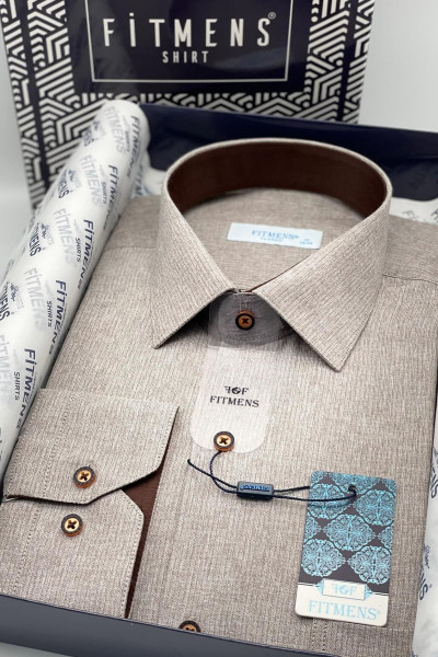 Klasik Uzun Kol Keten Cotton Hediye Kutulu Erkek Gömlek - Bej Klasik Uzun Kol Keten Cotton Hediye Kutulu Erkek Gömlek - Bej