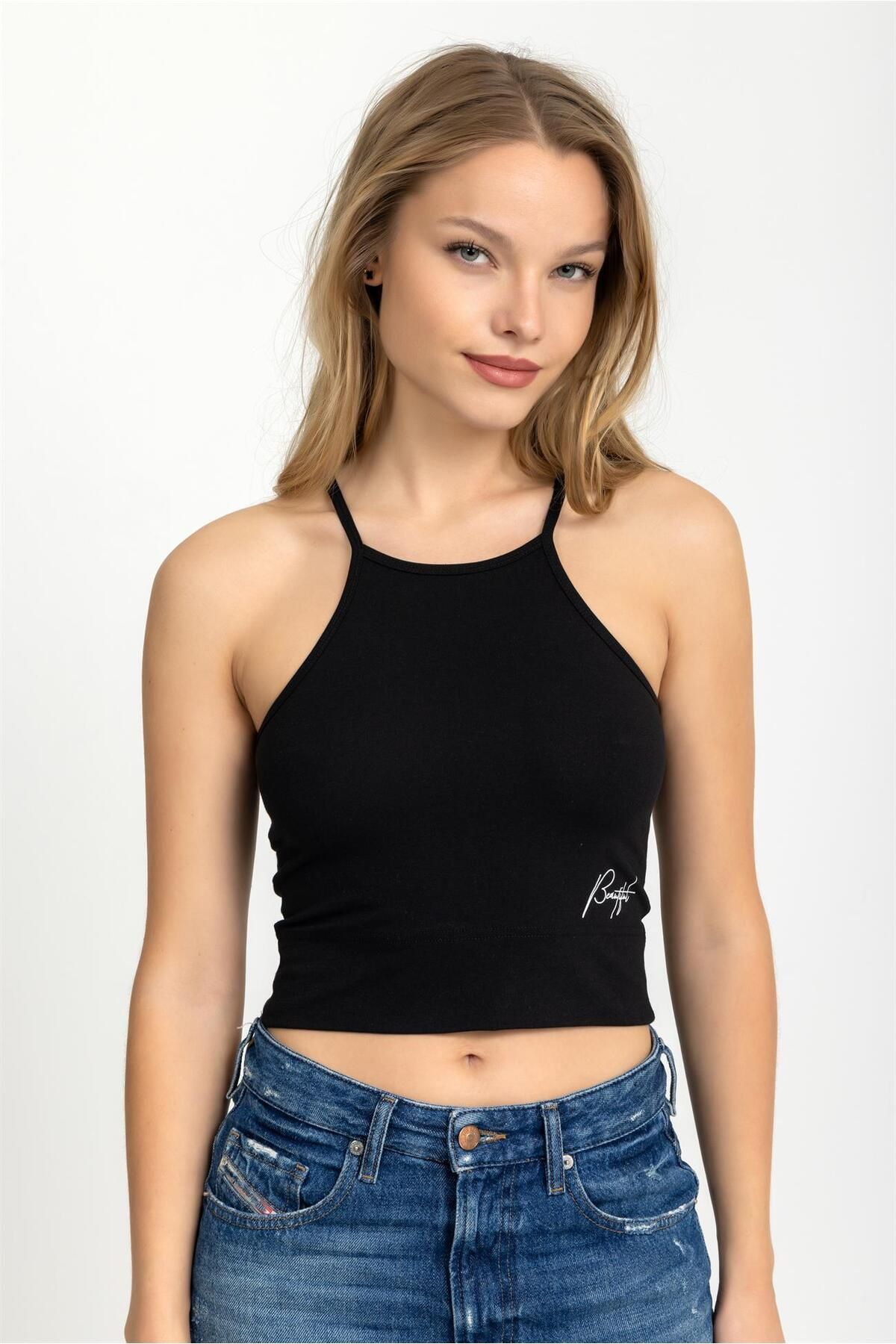 Kadın Halter Yaka Ince Askılı Crop Bluz Siyah