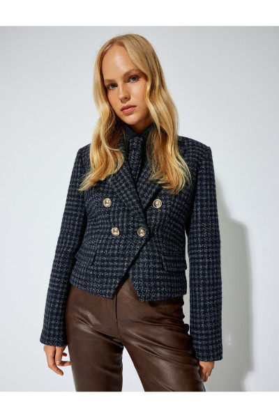 Kısa Kruvaze Tüvit Blazer Ceket Yün Karışımlı Asimetrik Düğmeli Cepli Kısa Kruvaze Tüvit Blazer Ceket Yün Karışımlı Asimetrik Düğmeli Cepli