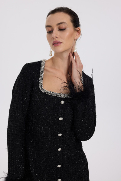 Kolu Tüylü Kare Yaka Elbise Kolu Tüylü Kare Yaka Elbise