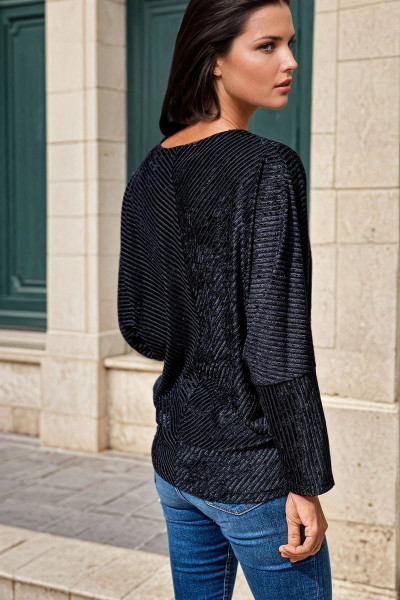 Siyah V Yaka, Kendinden Hafif Parlak Desenli, Uzun Kollu Bluz Siyah V Yaka, Kendinden Hafif Parlak Desenli, Uzun Kollu Bluz