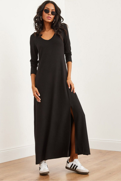 Kadın Siyah V Yaka Truvakar Kol Yırtmaçlı Modal Tüşeli Maxi Elbise ELB-19002286 Kadın Siyah V Yaka Truvakar Kol Yırtmaçlı Modal Tüşeli Maxi Elbise ELB-19002286